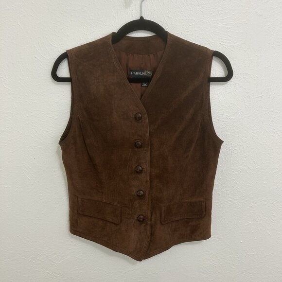 VTG Harolds Brown Suede Leather Western Rodeo Button Vest Jacket Boho Cowgirl Sm - Picture 1 of 9